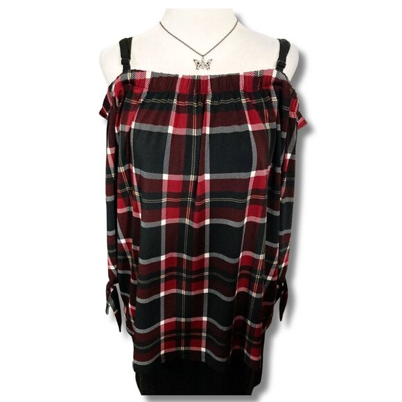 RICKI'S Plus-size black red white cold shoulder top ~ Goth XL 1X XXXL 2X blouse - Picture 1 of 15